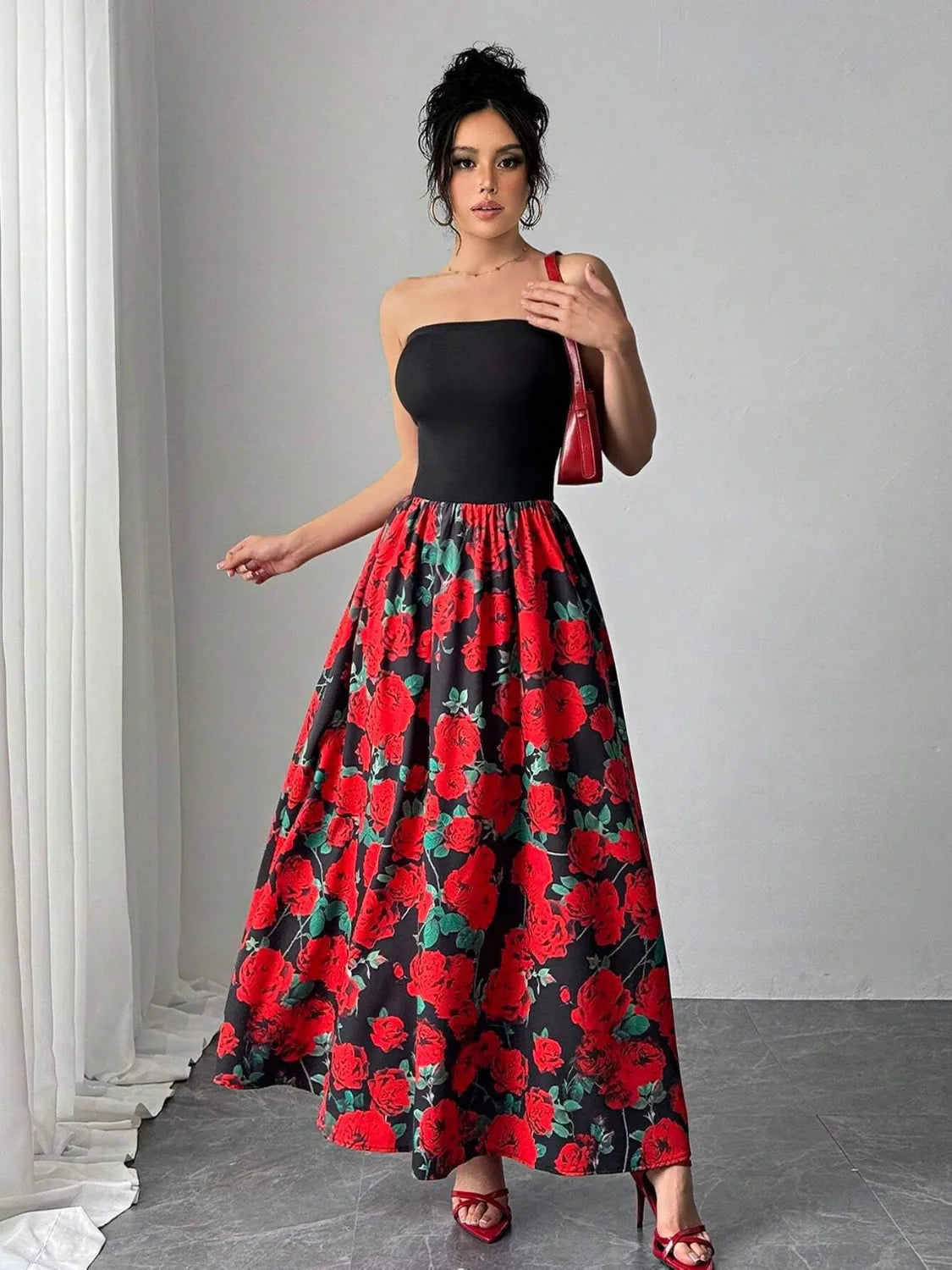 Floral Tube Maxi Dress in Black