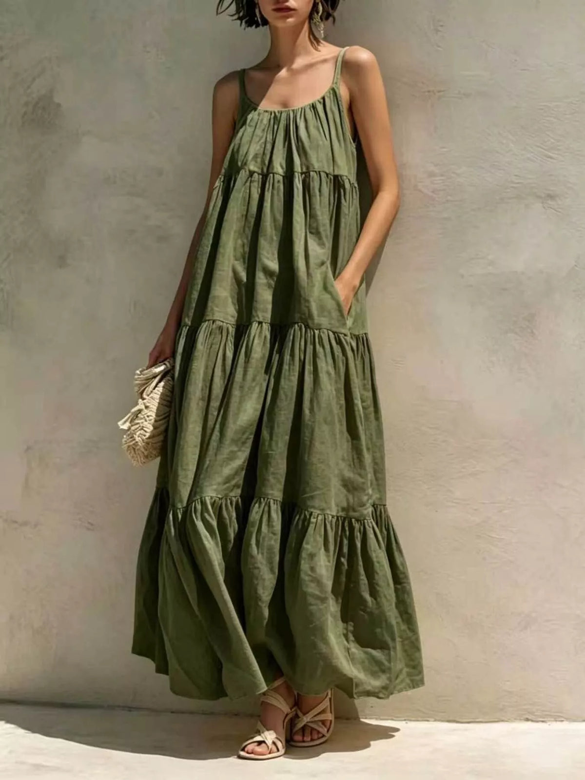 Tiered Scoop Neck Maxi Dress with Pockets