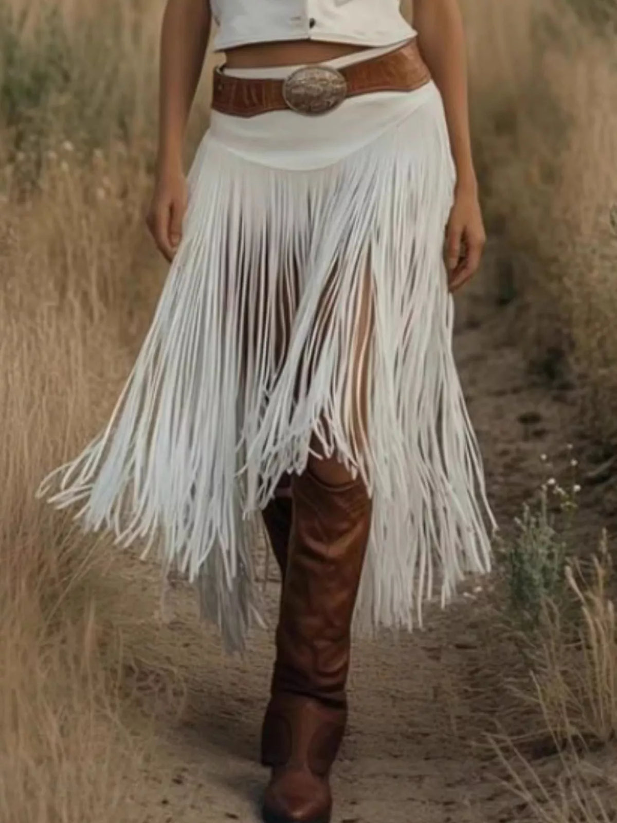 Fringe Trim Skirt in White