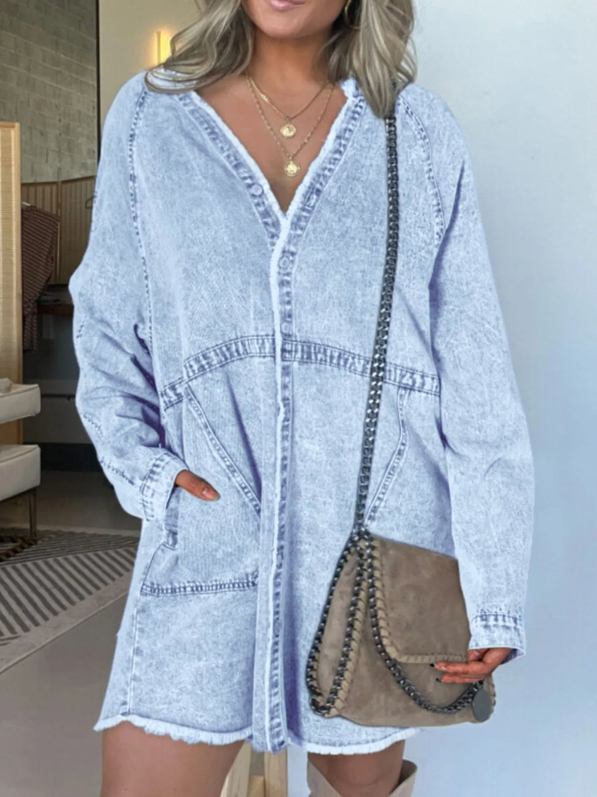 Oversized Button-Front Denim Shirt Dress