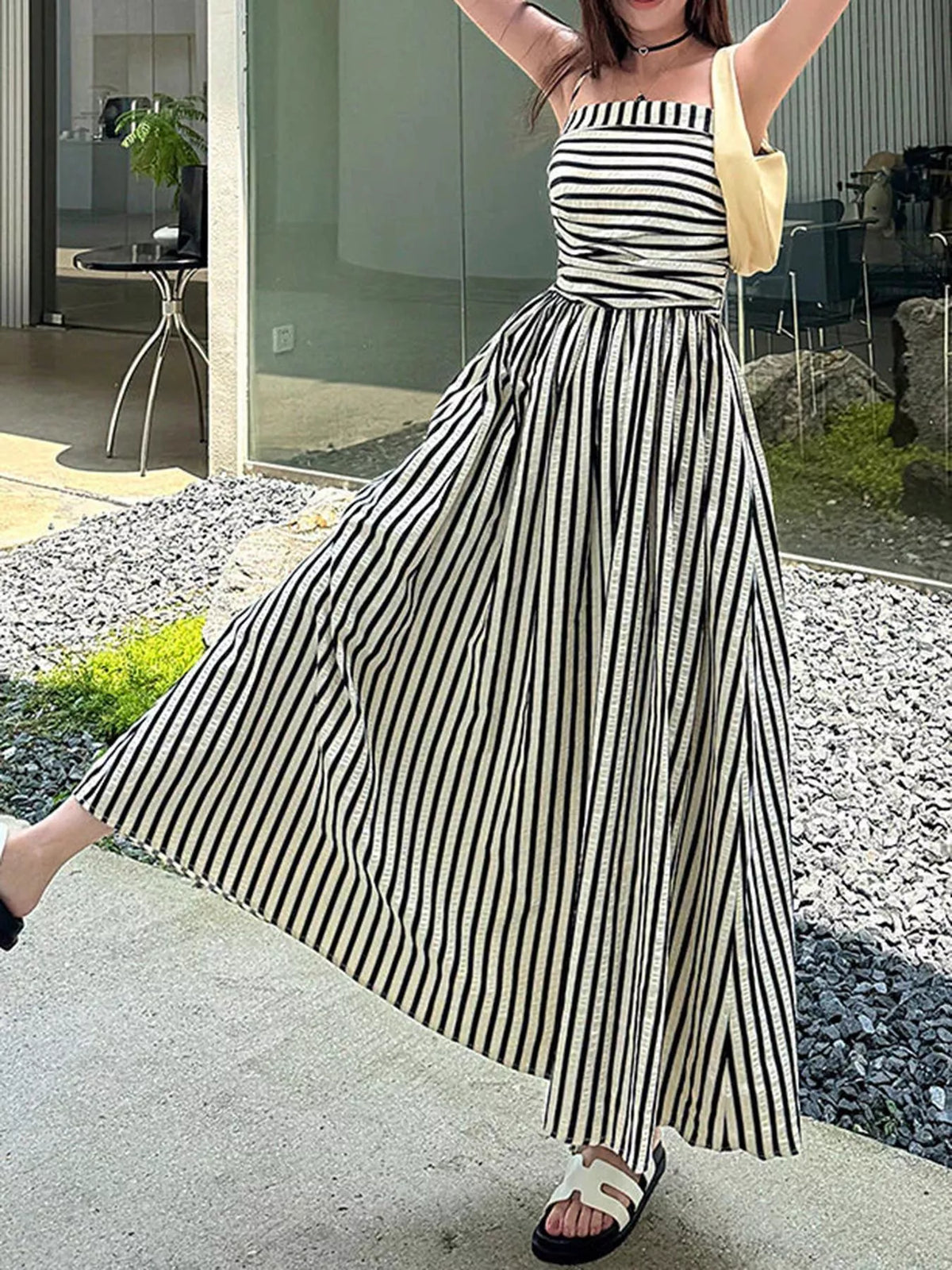 Striped Sleeveless Maxi Dress with Pockets