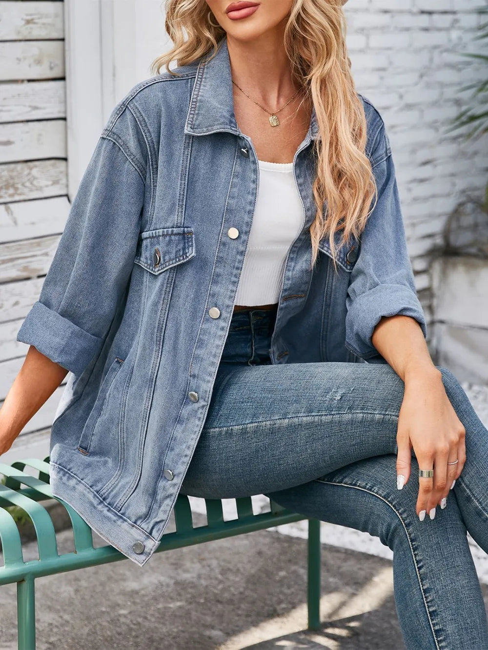Button-Up Long Sleeve Denim Jacket with Pockets by Manny