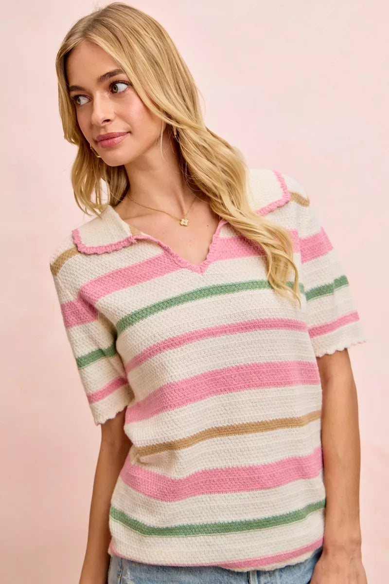 Striped Collared Knit Top in Cream/Pink by BiBi