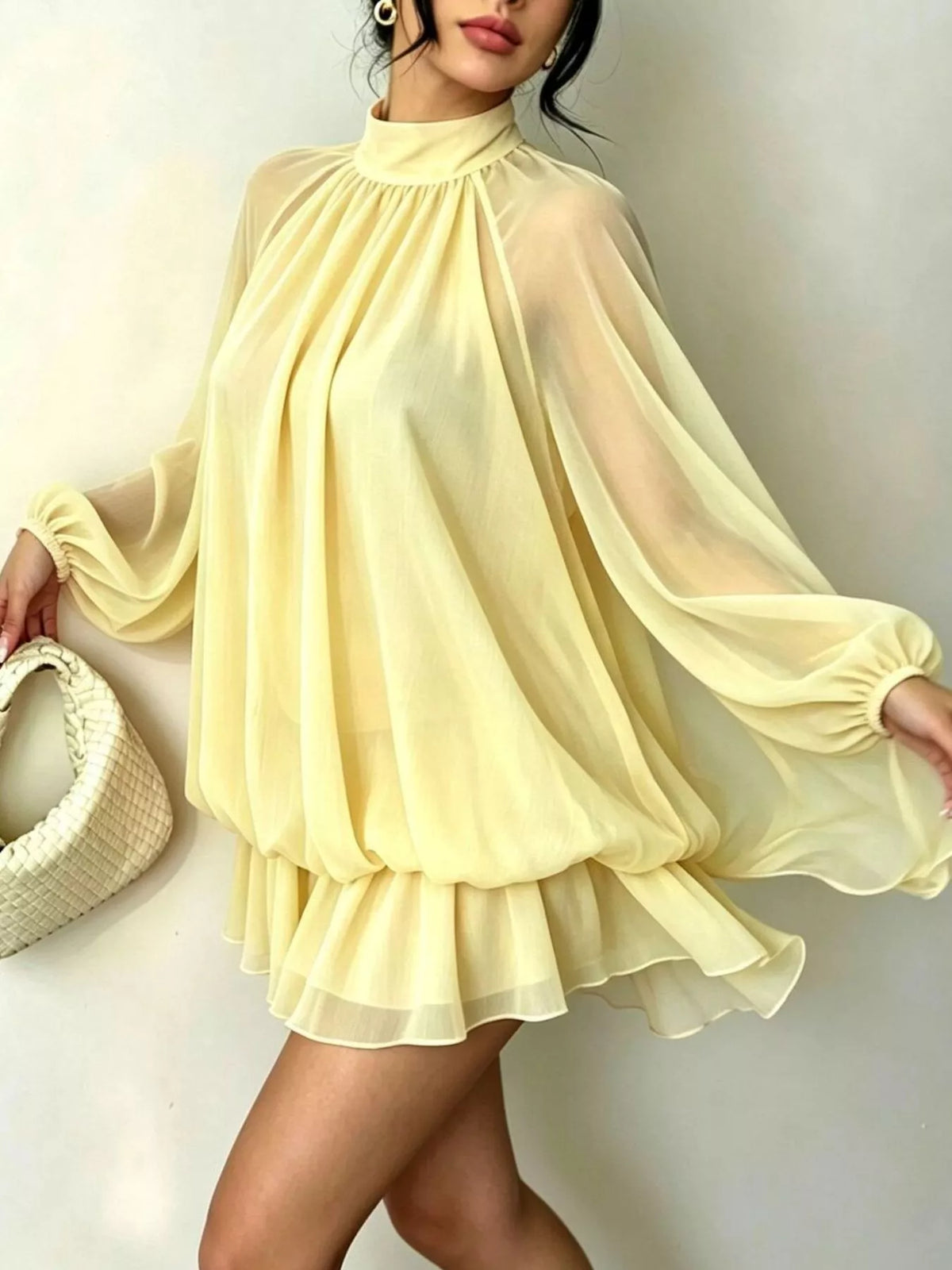 Mock Neck Sheer Chiffon Mini Dress