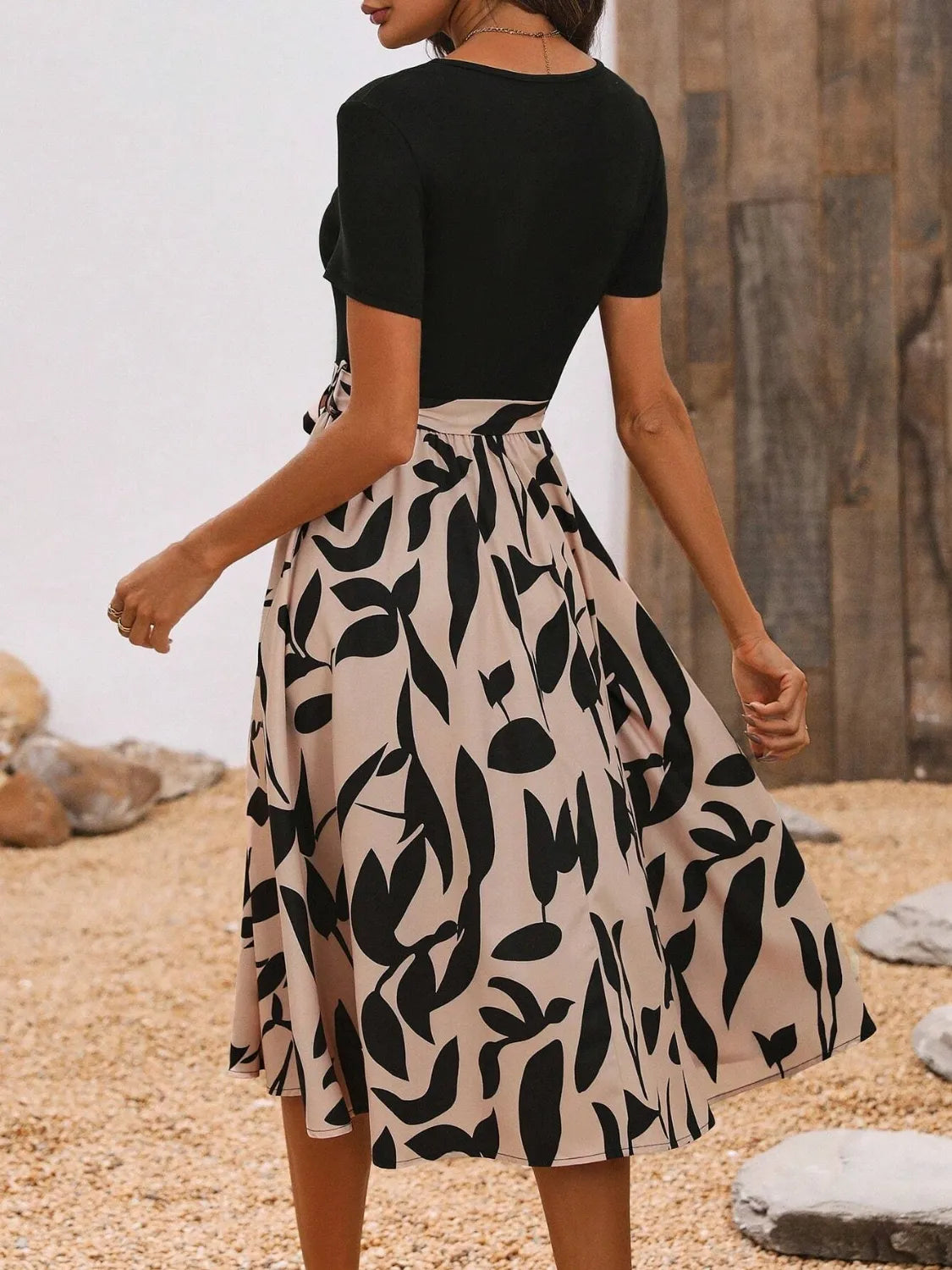 Belted Round Neck Midi Dress in Camel