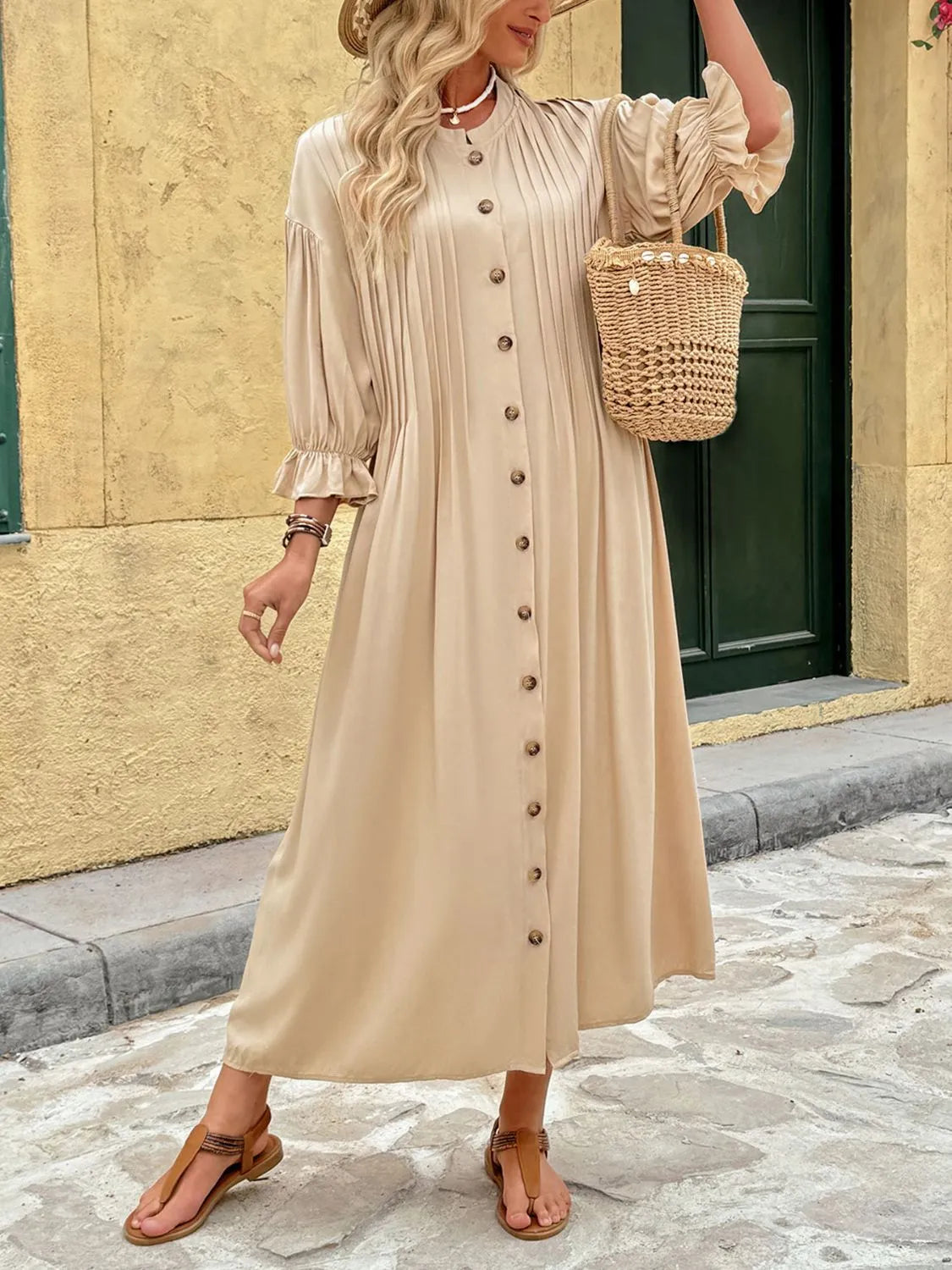 Button Front Flounce Sleeve Dress in Tan