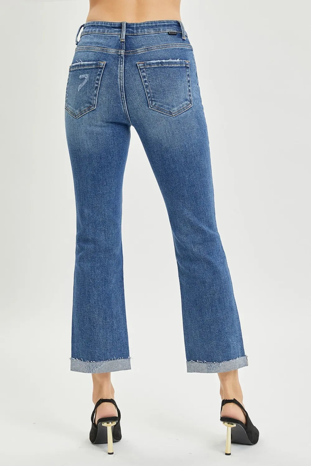 Risen Button Fly Cropped Bootcut Jeans in Dark Wash