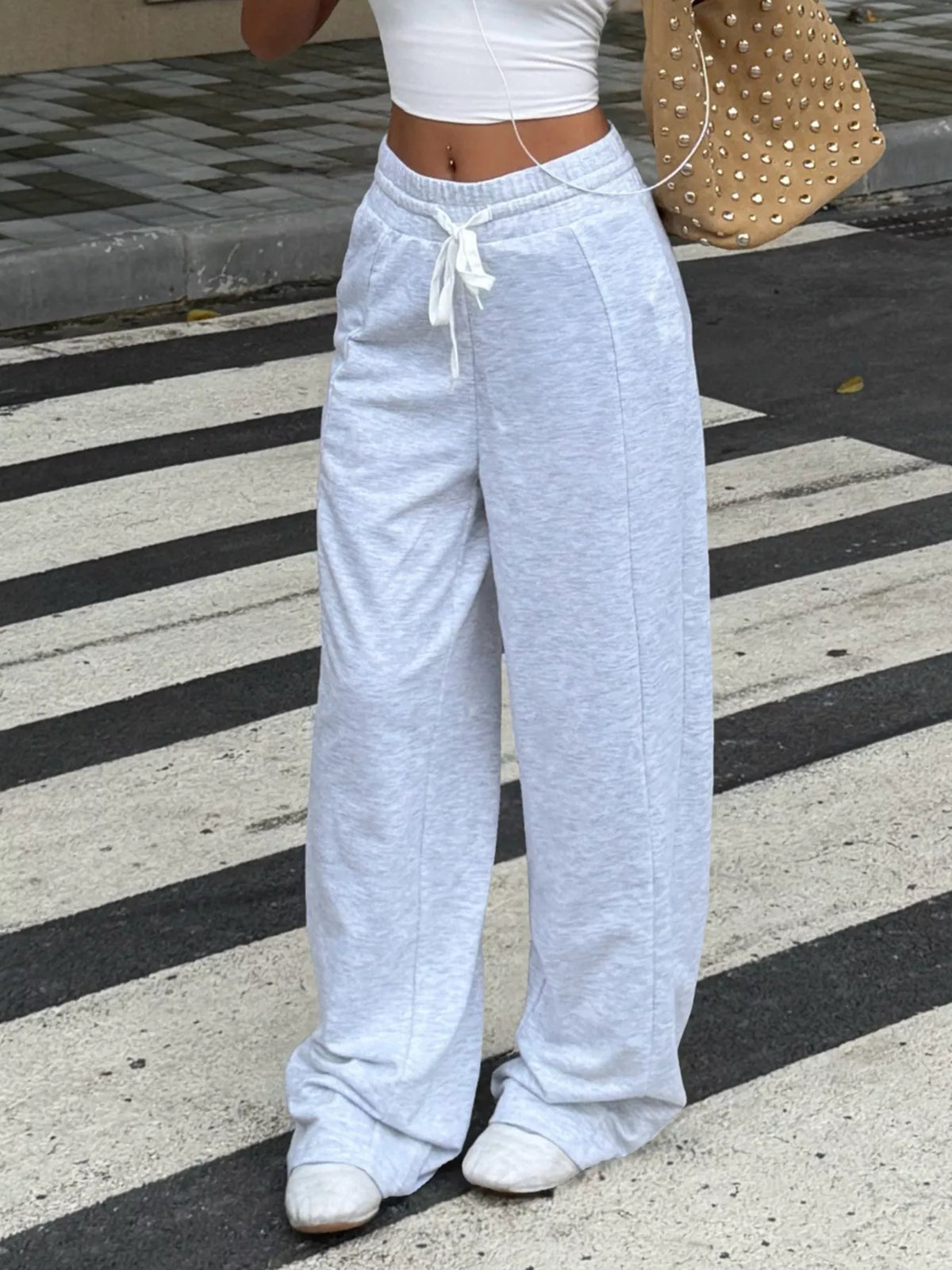 Drawstring Wide-Leg Pants in Gray/White