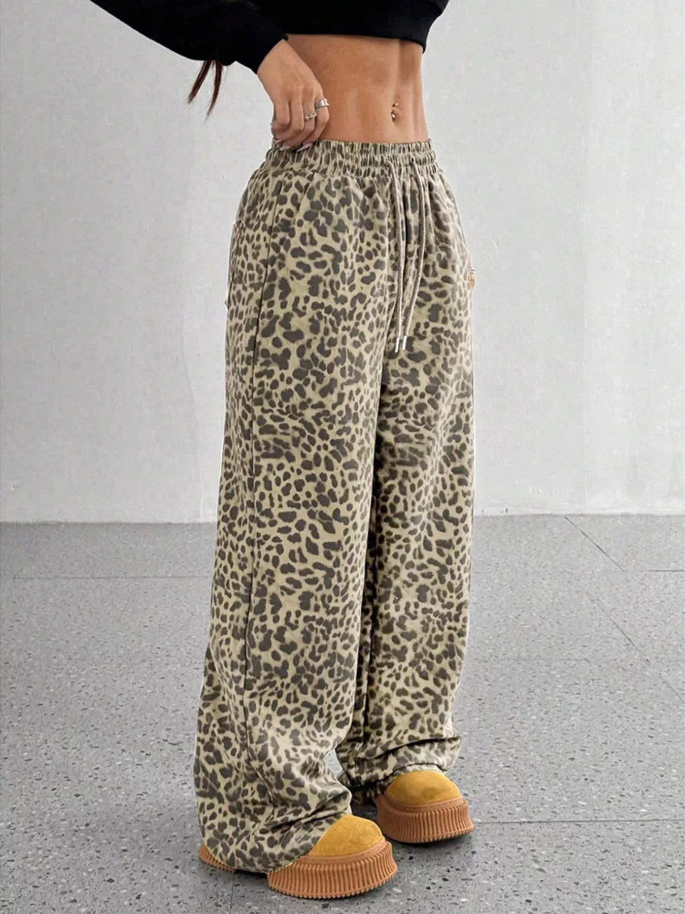Leopard Print Wide Leg Pants, Plus Size