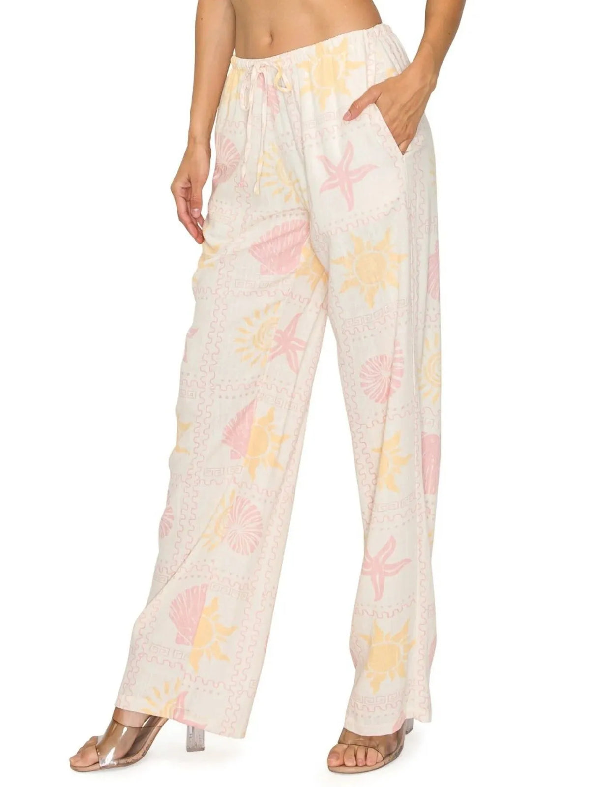 Printed Drawstring Straight Pants in Apricot