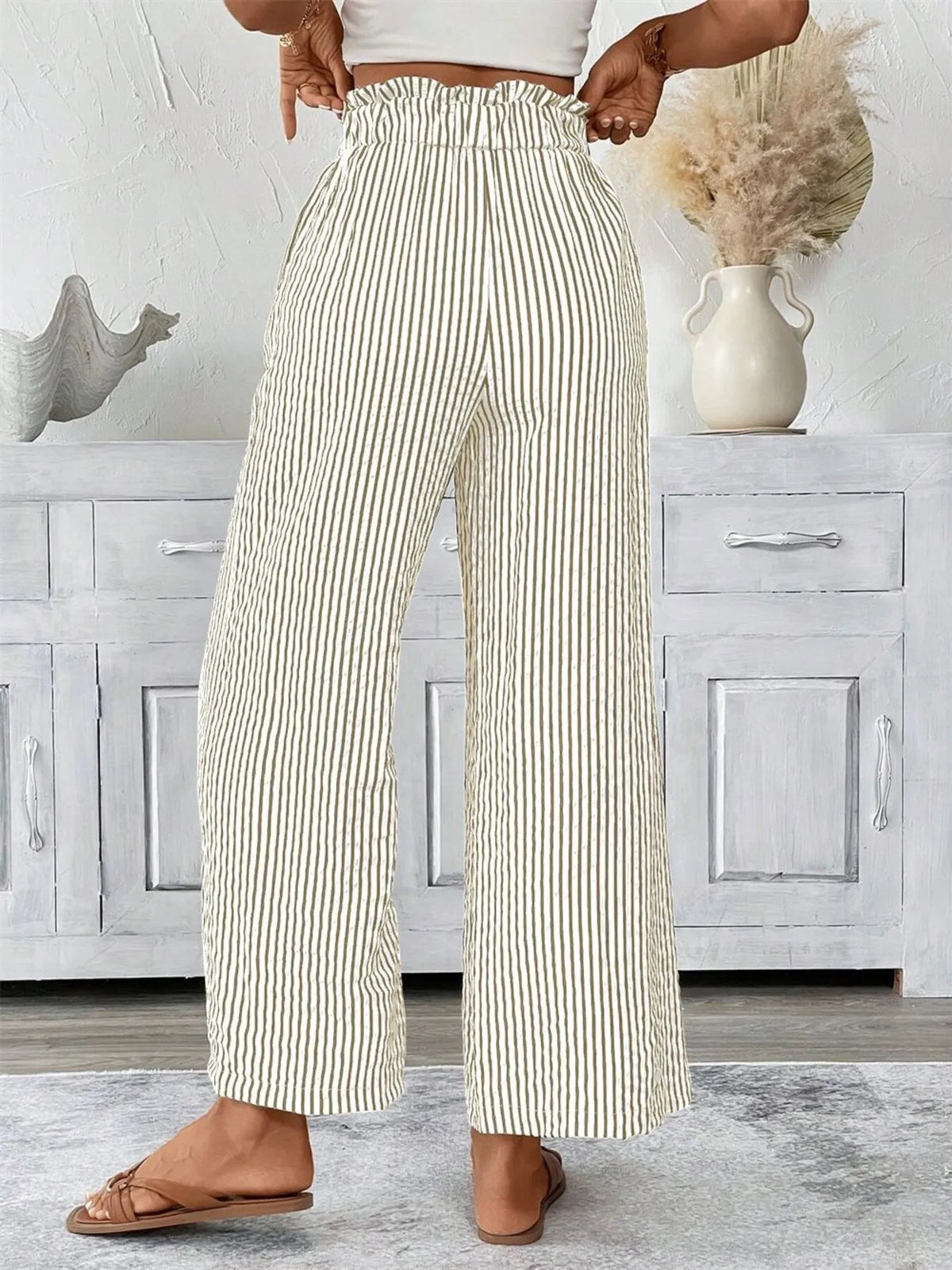 Striped Wide Leg Paper Bag Pants