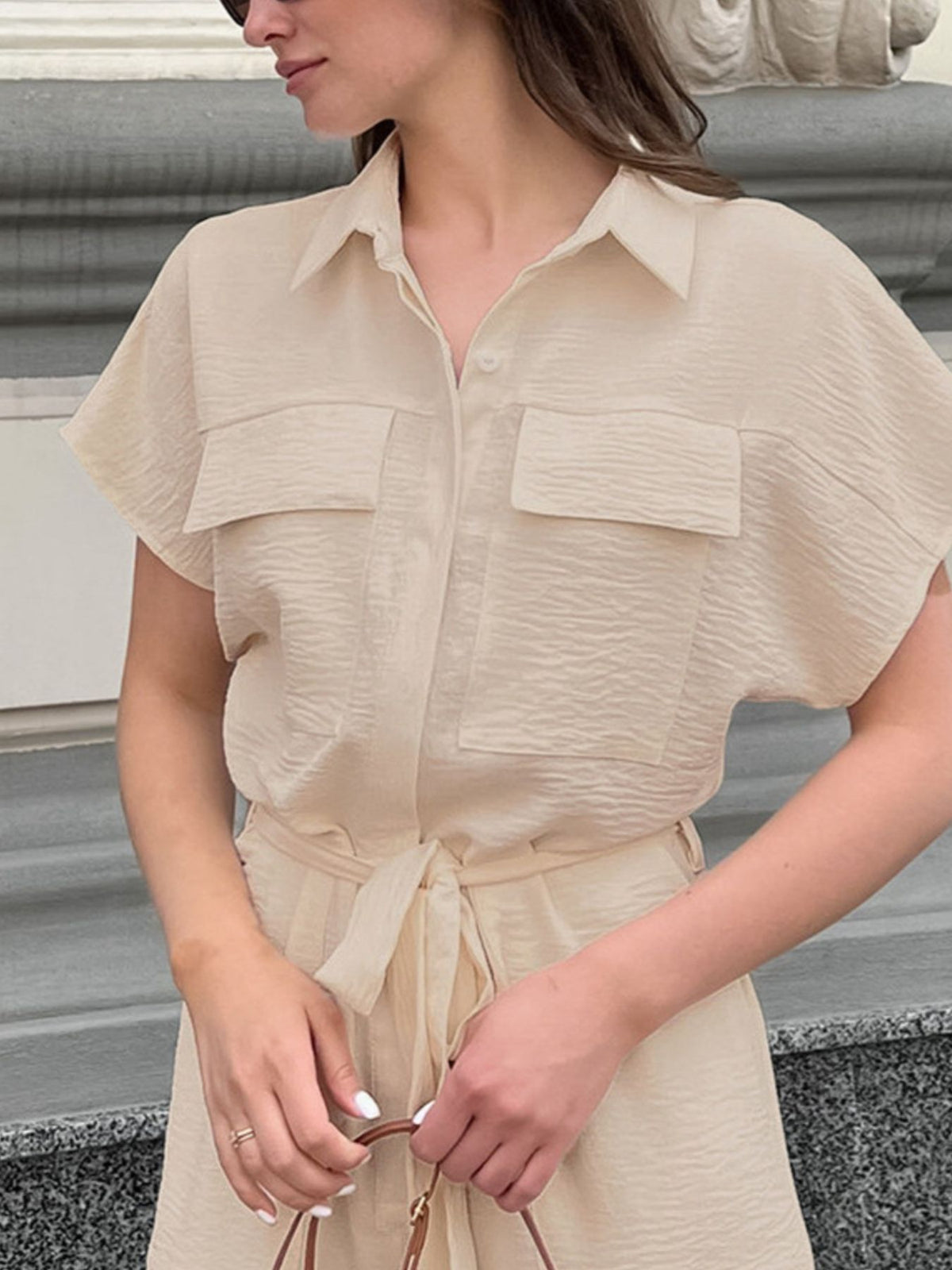 Chest Pocket Wide-Leg Jumpsuit in Beige