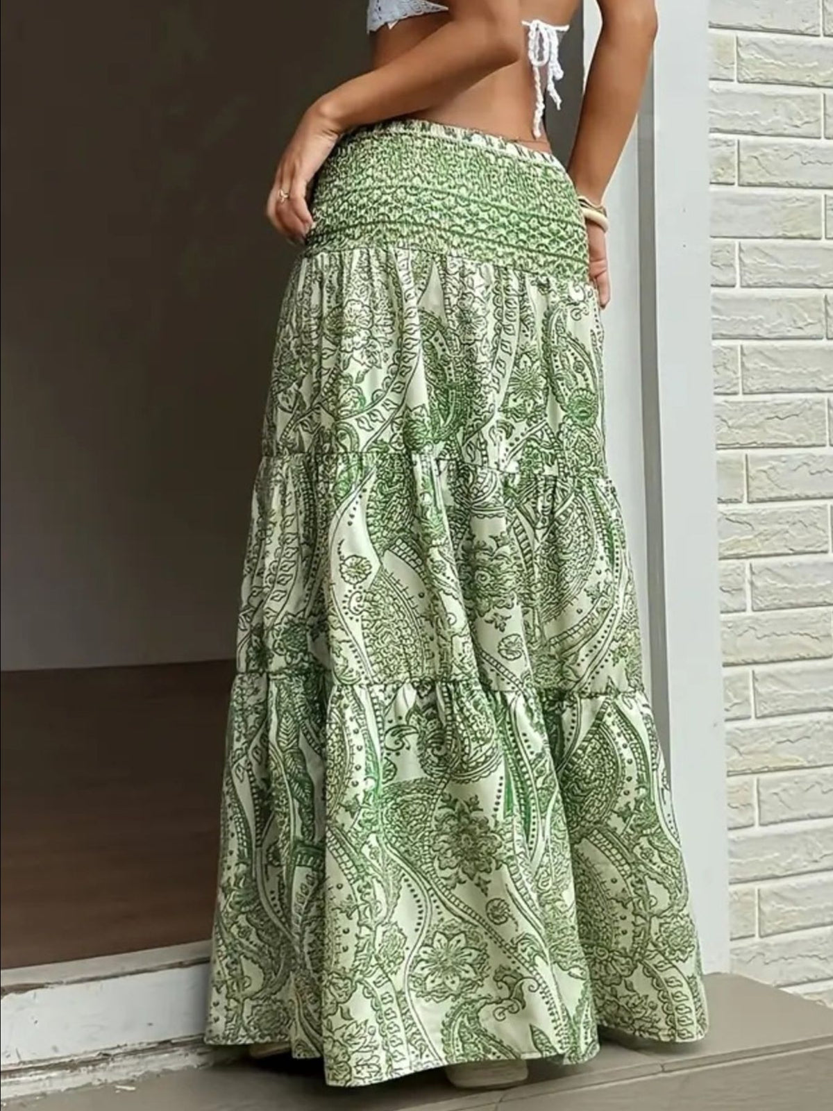 Smocked Paisley Print Maxi Skirt