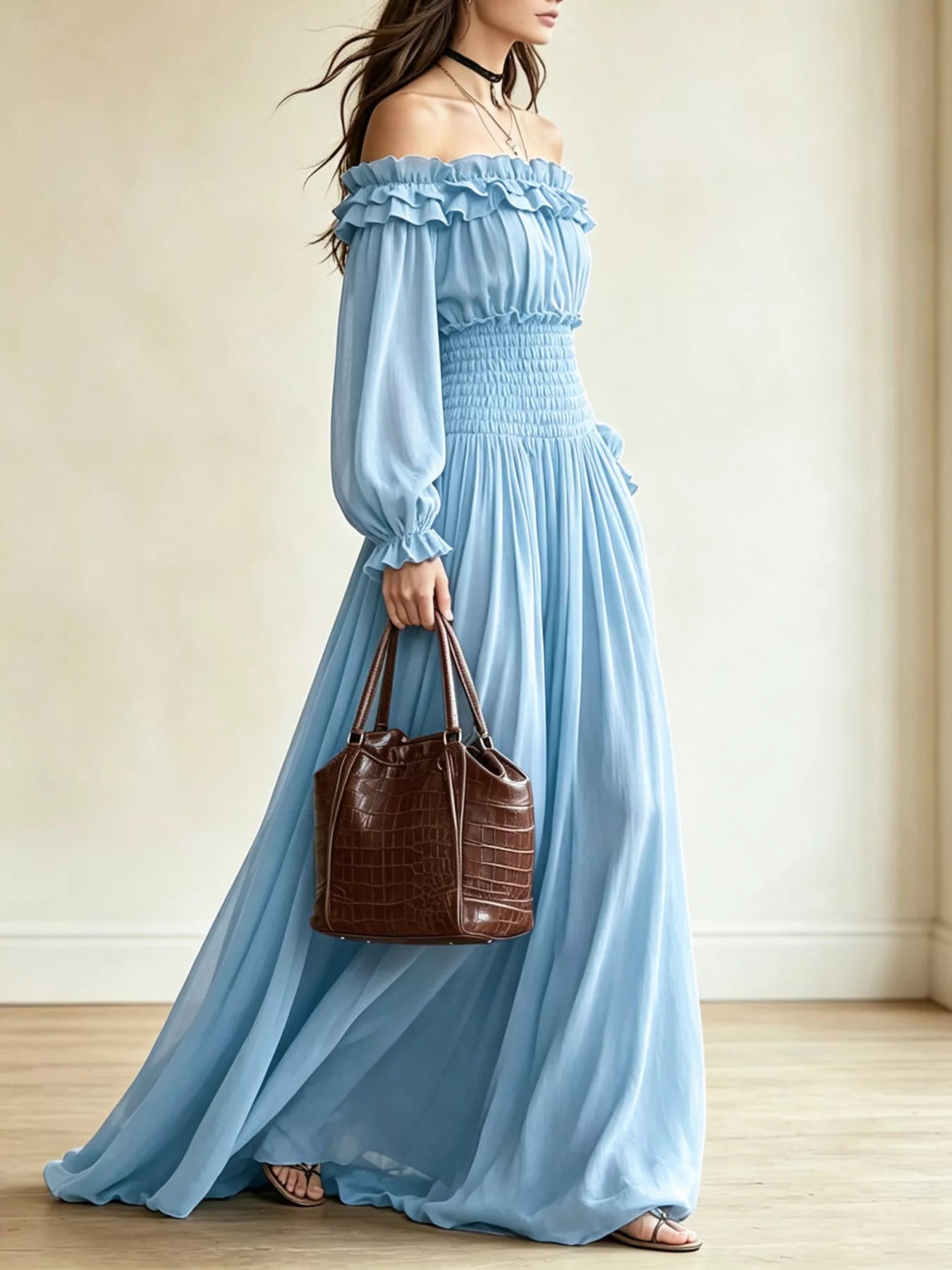 Off-Shoulder Smocked-Waist Maxi Dress
