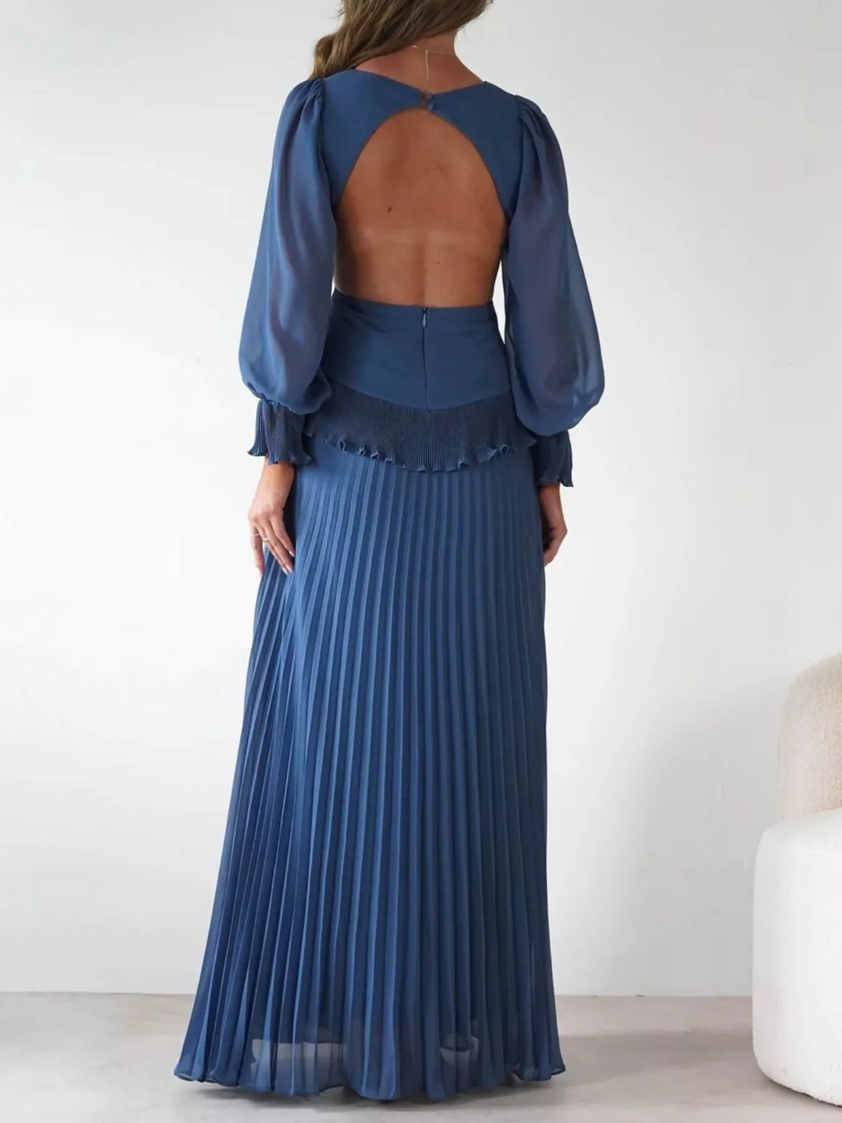 Backless Pleated Maxi Dress in Blue