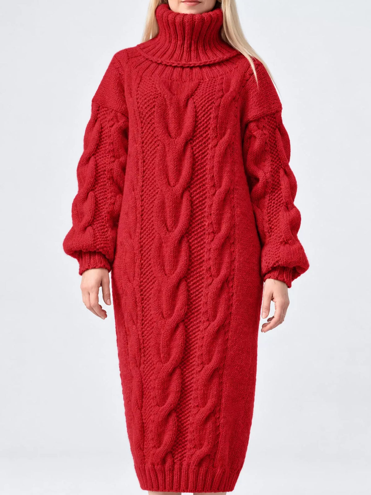 Oversized Chunky Cable Knit Turtleneck Sweater Dress