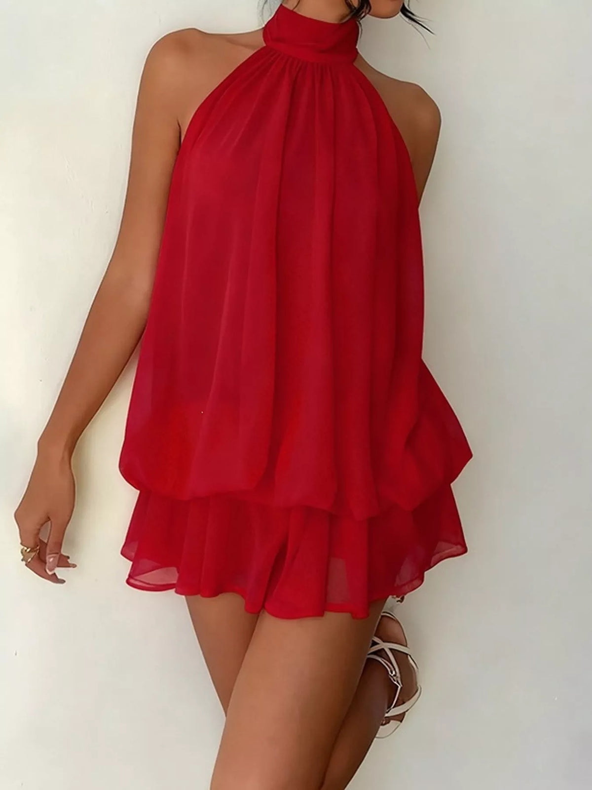 Tied Halter Chiffon Mini Dress