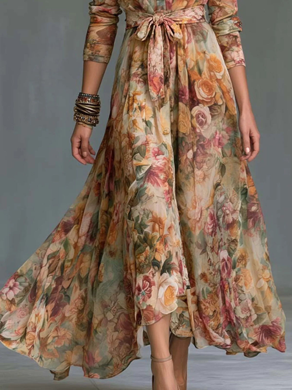 Buttoned Long Sleeve Maxi Shirt Dress in Floral