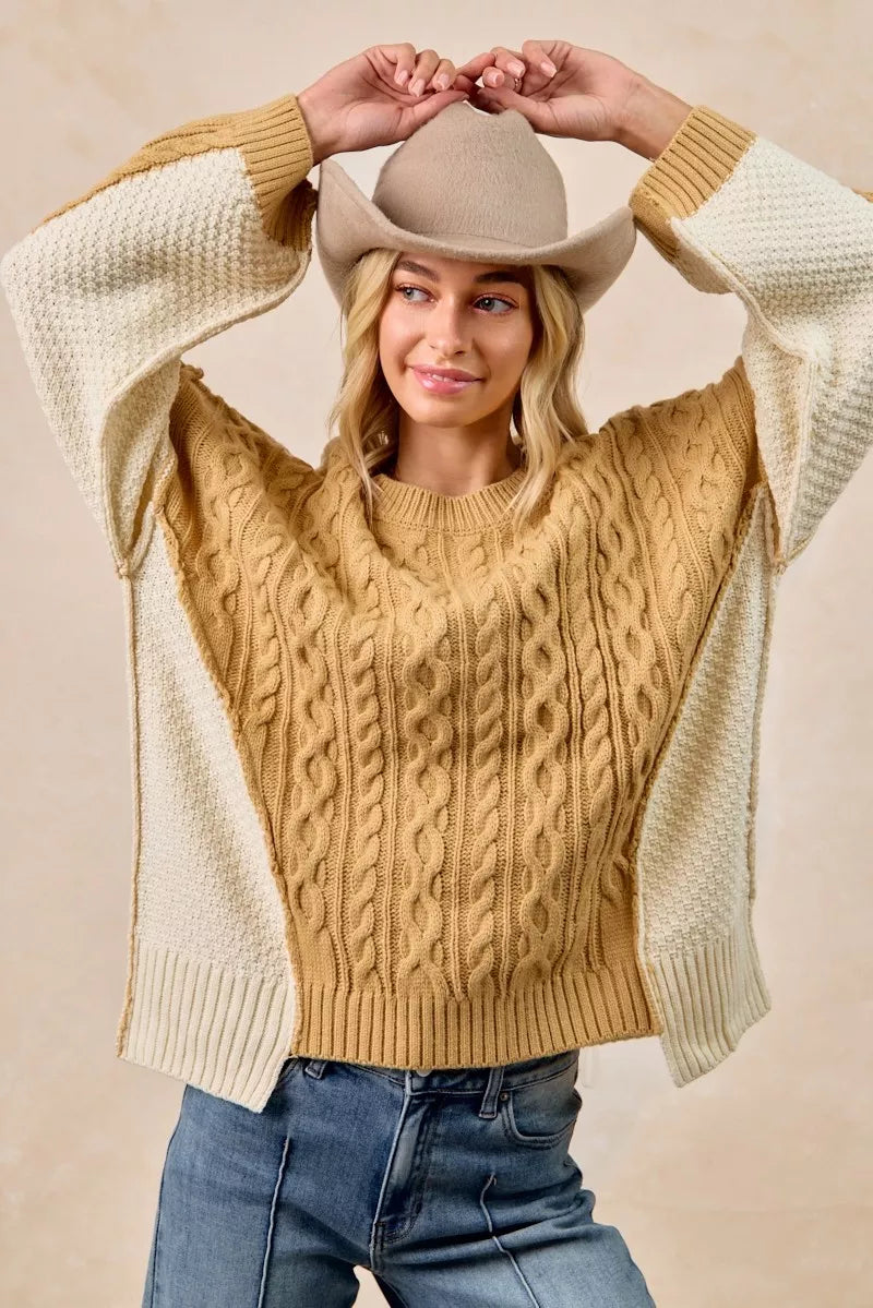 Mustard Ivory Cable Knit Hacci Combo Sweater in Lt mustard/ivory by BiBi