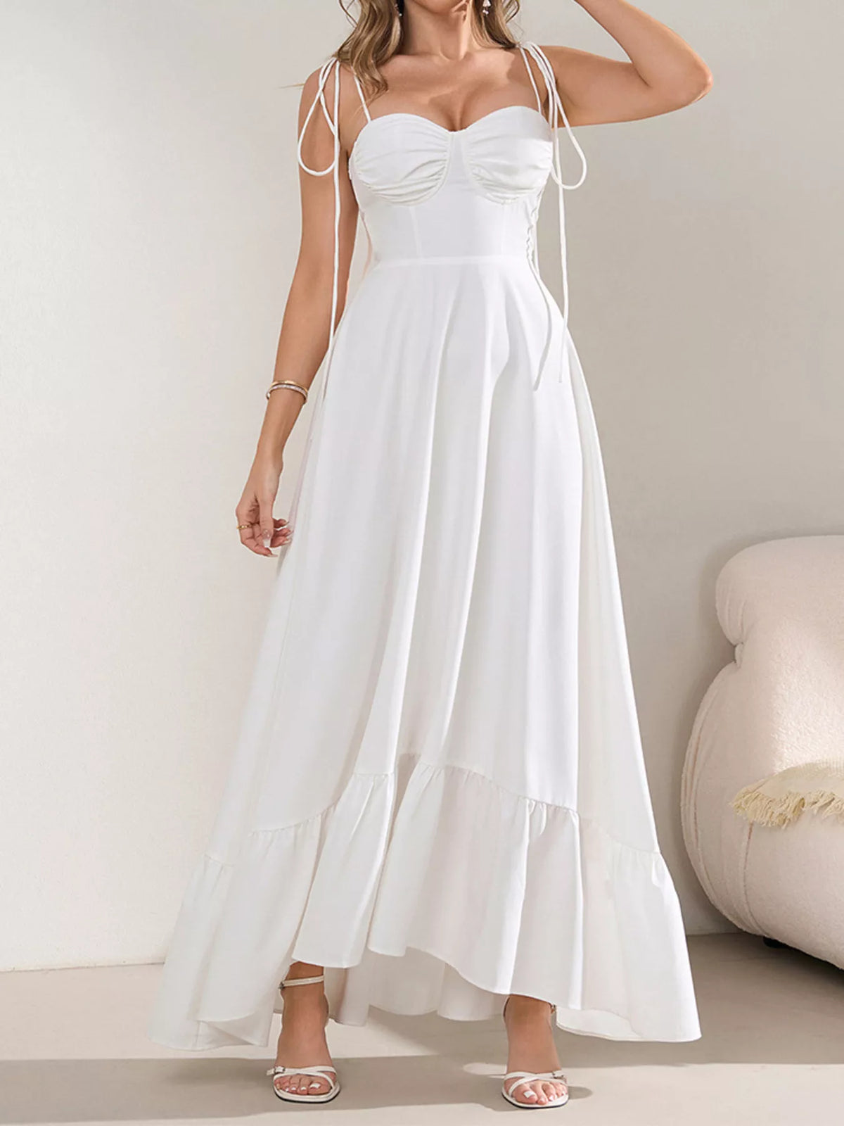 Sweetheart Neck Tie-Strap Ruffle Hem Maxi Dress