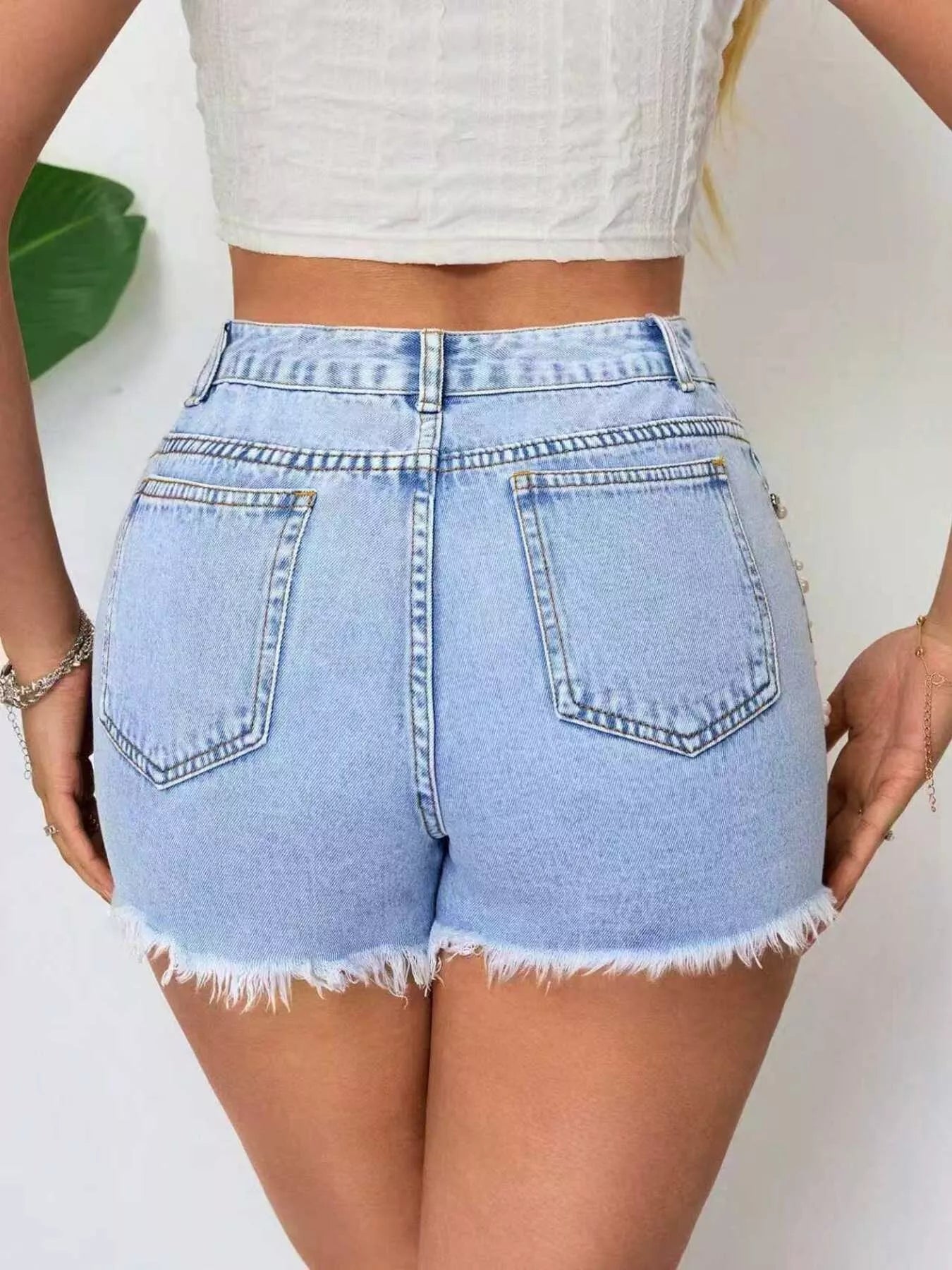 Distressed Raw Hem Denim Shorts in Blue