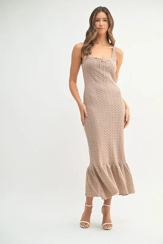 Ruffled Hem Crochet Knit Midi Dress in Mocha