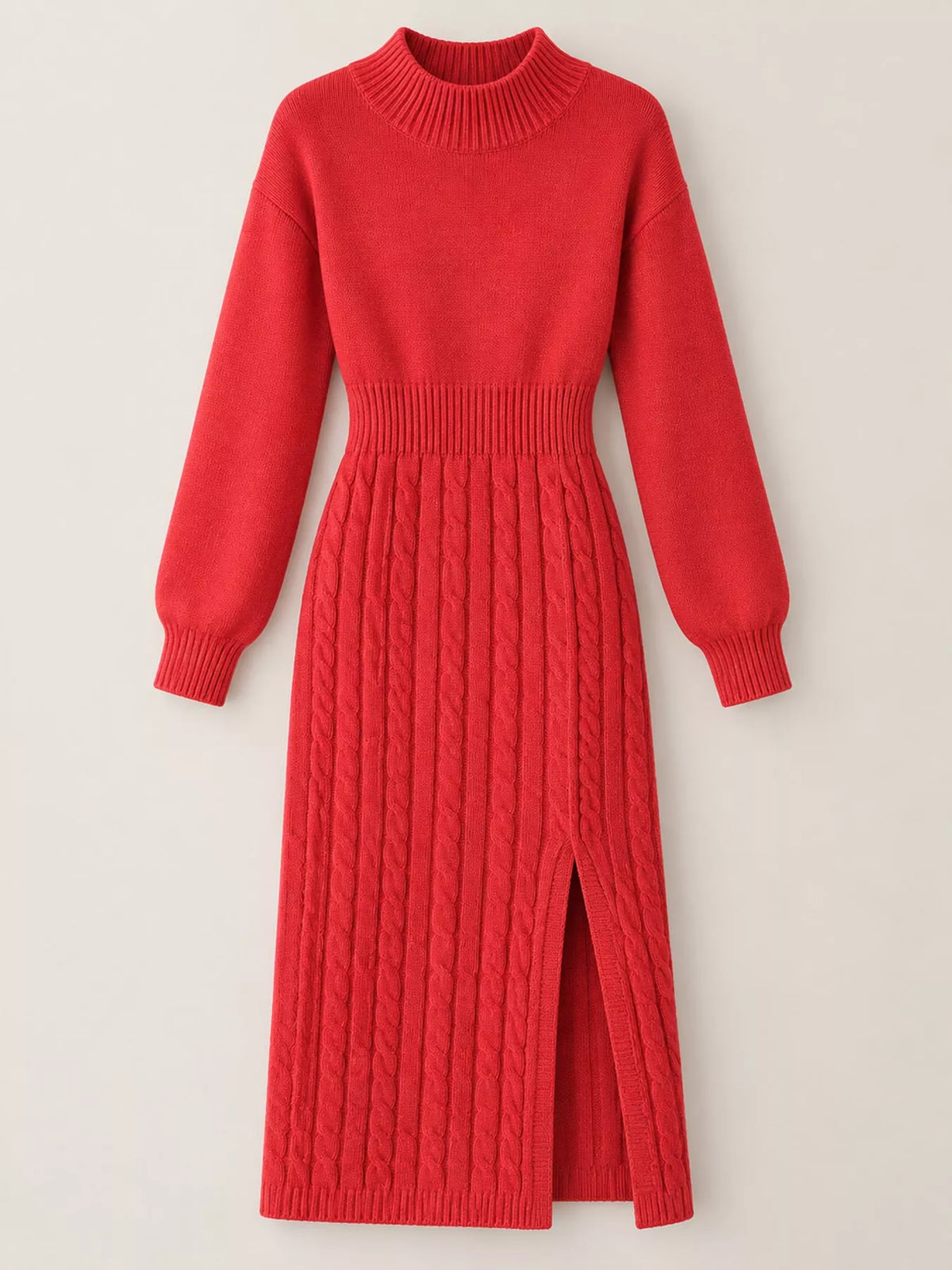 Mock Neck Cable Knit Sweater Dress with Front Slit