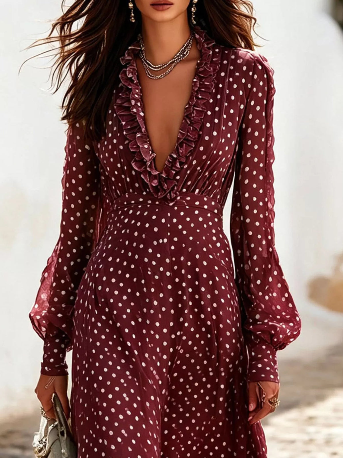 Polka Dot Ruffle V-Neck Maxi Dress