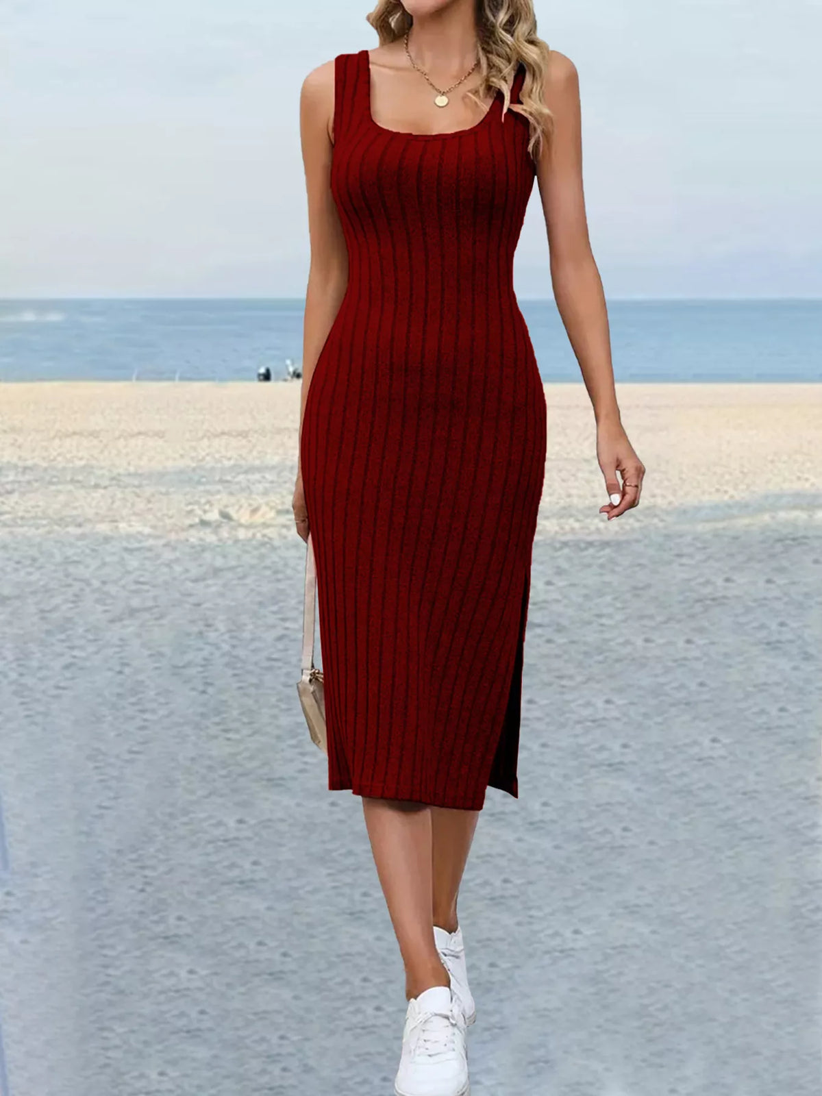 Ribbed Scoop Neck Dress with Side Slit