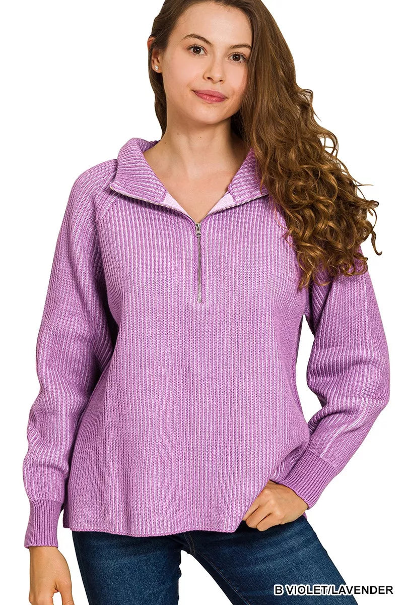 Zenana Ribbed Two-Tone Half-Zip Sweater in Violet and Lavender in B violet/lavender