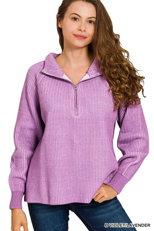 Zenana Ribbed Two-Tone Half-Zip Sweater in Violet and Lavender in B violet/lavender
