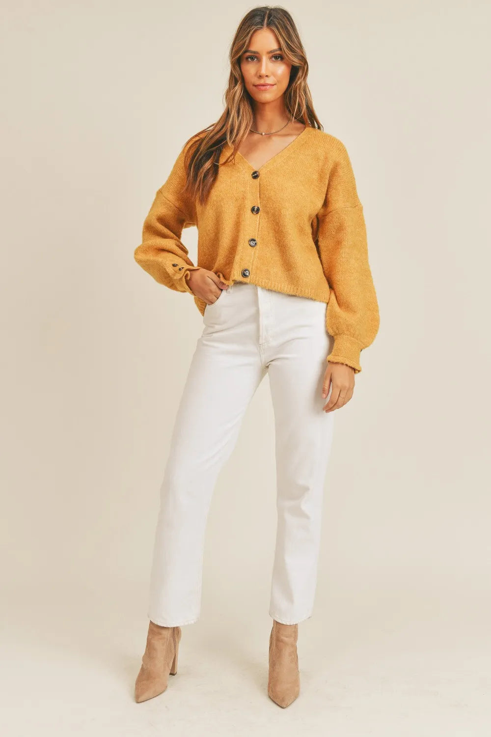 Button-Down Sweater Cardigan in Mustard