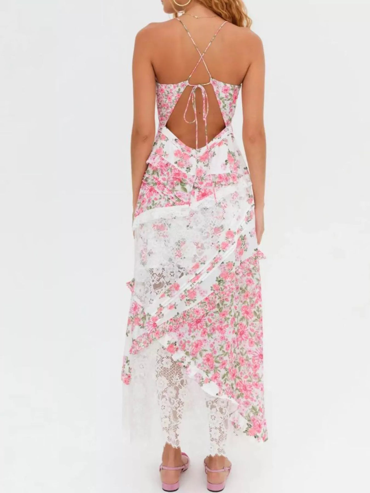 Lace Floral Ruffle Trim Maxi Dress