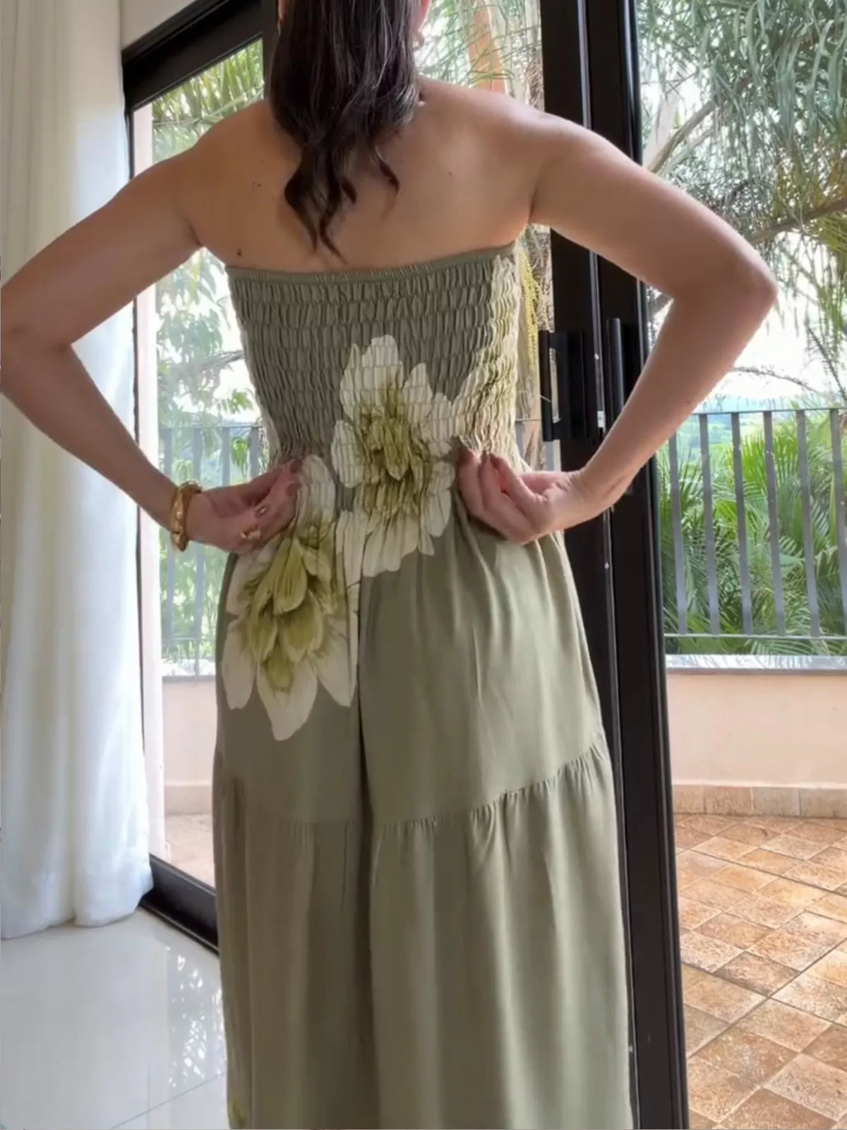 Floral Smocked Strapless Maxi Dress in Green