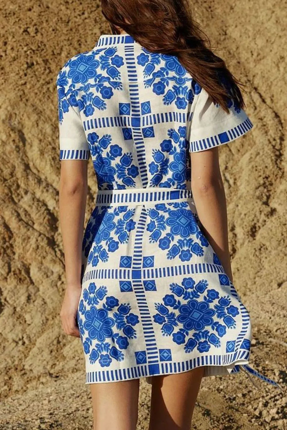 Printed Button-Front Tie Waist Dress