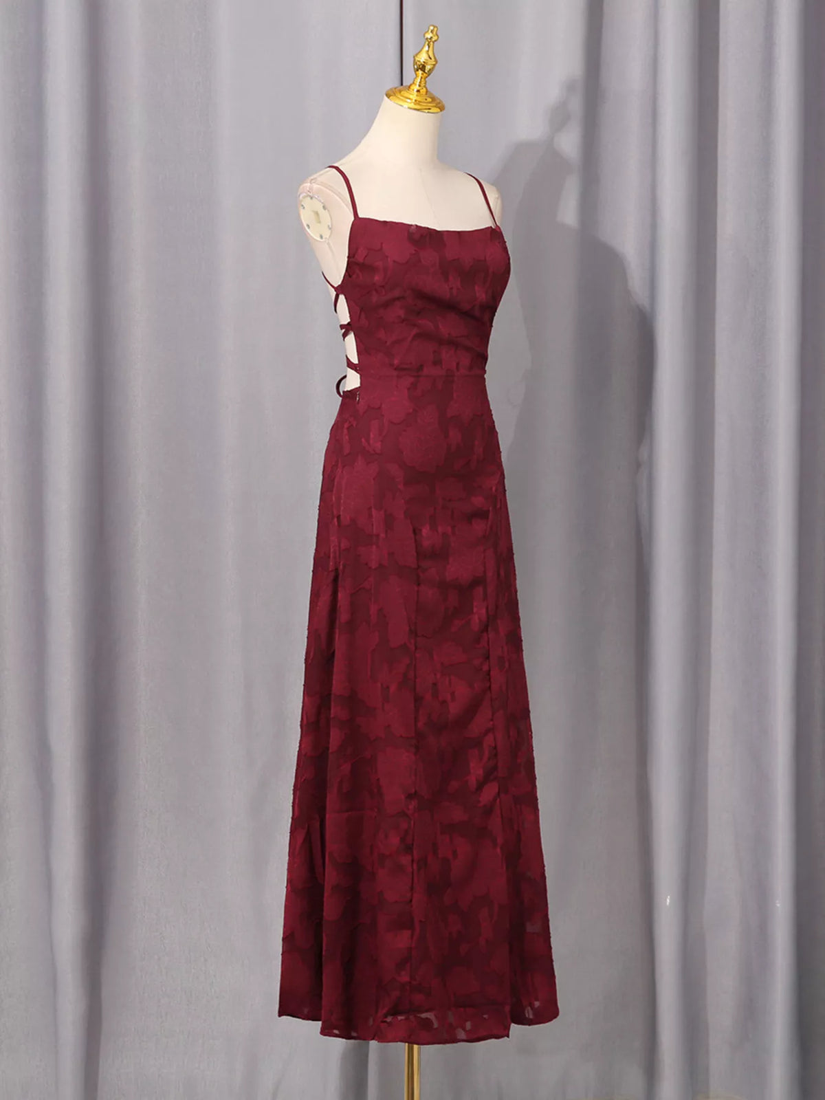Lace-Up Spaghetti Strap Maxi Dress in Burgundy
