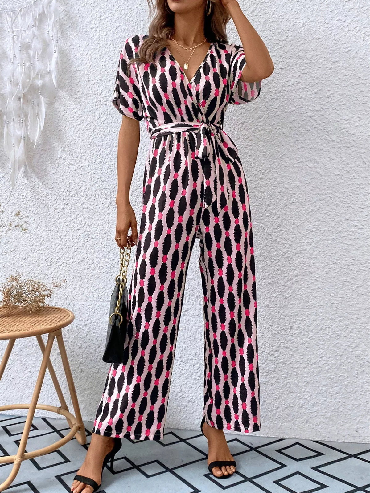 Surplice Tie Waist Short Sleeve Jumpsuit