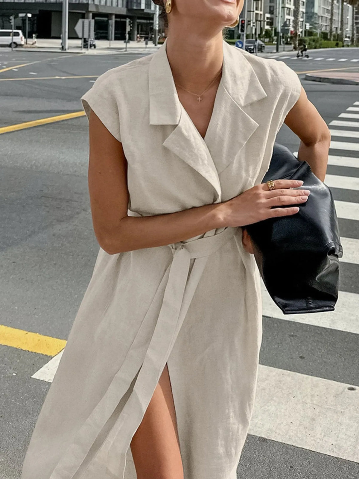 Tie Waist Cap Sleeve Maxi Dress in Khaki
