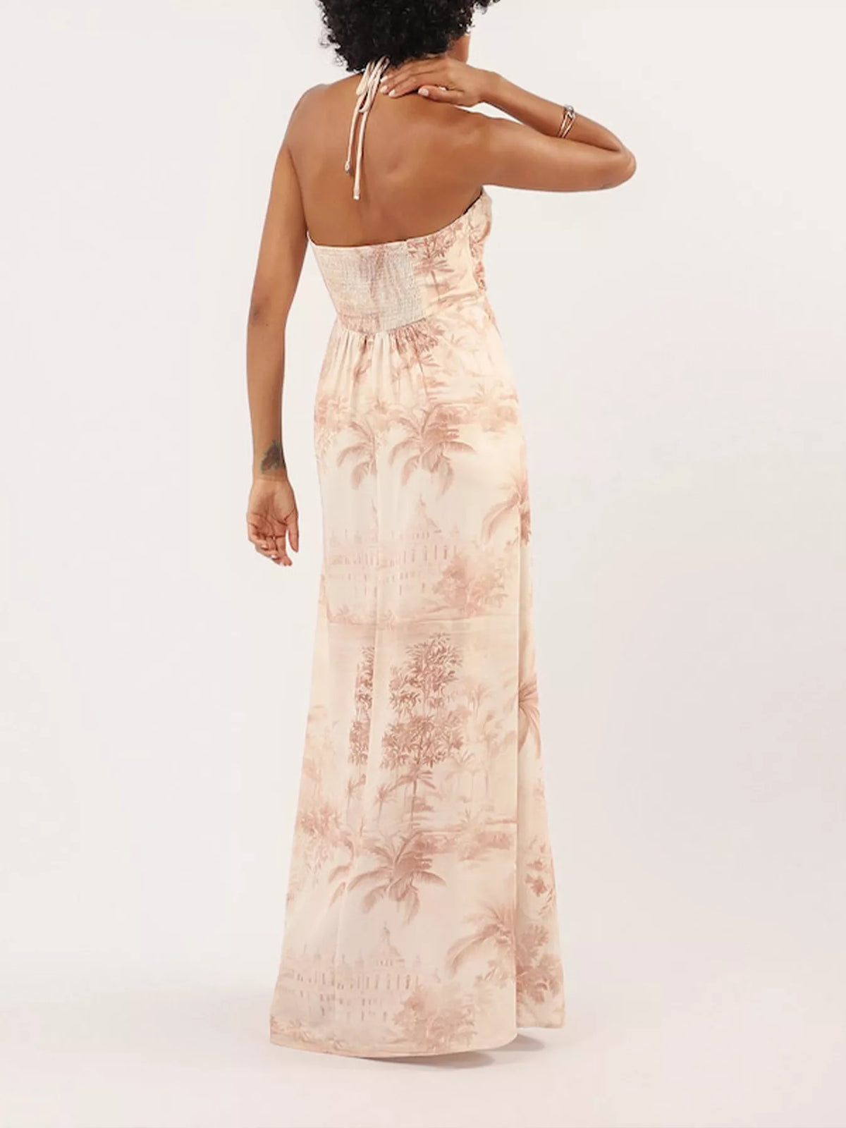 Tropical Print Halter Maxi Dress in Tan