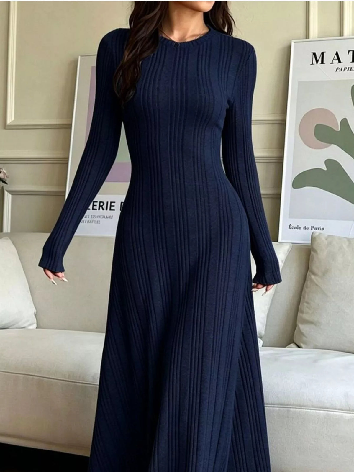 Ribbed Knit Long-Sleeve Dress