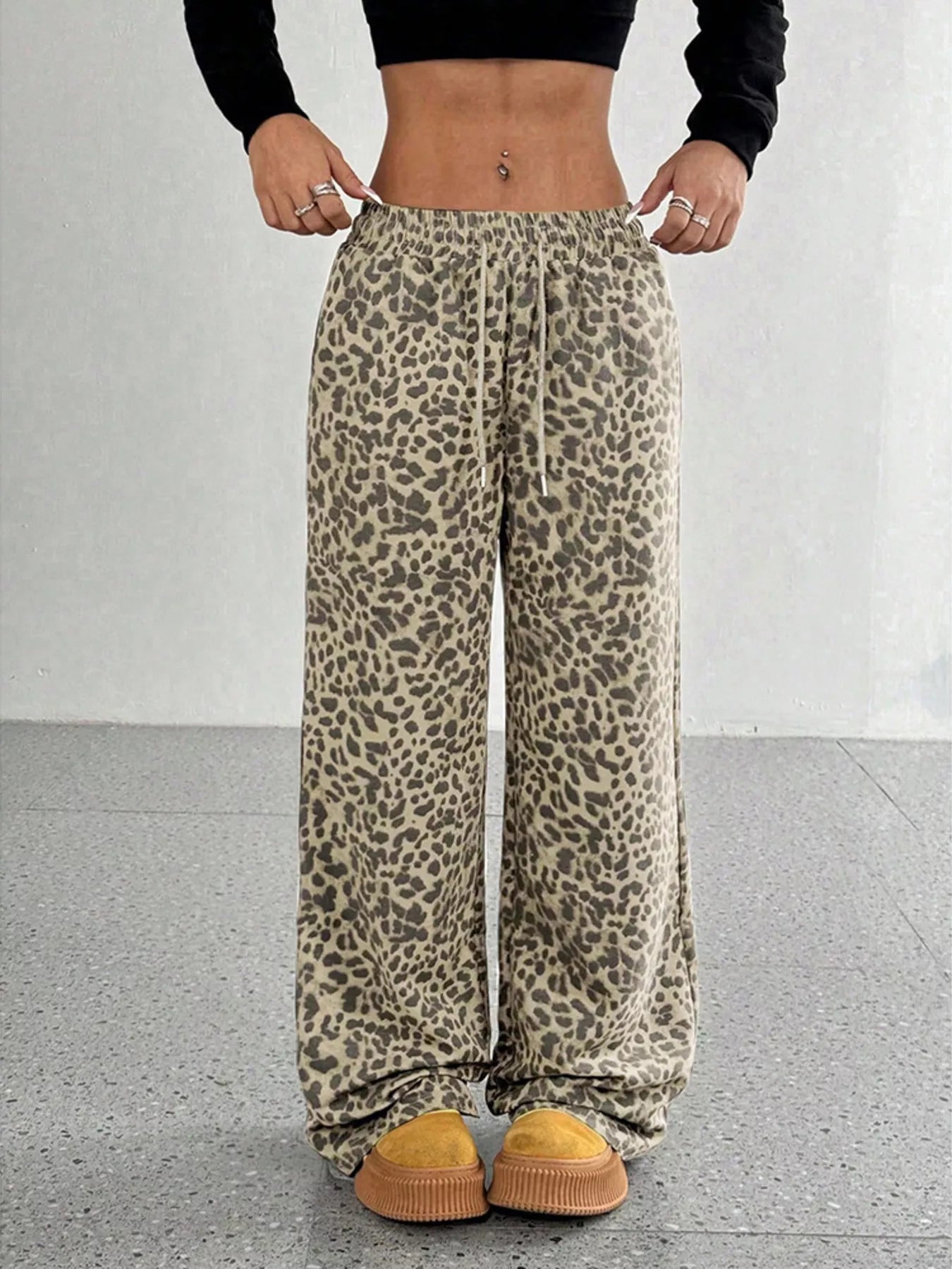 Leopard Print Wide Leg Pants, Plus Size