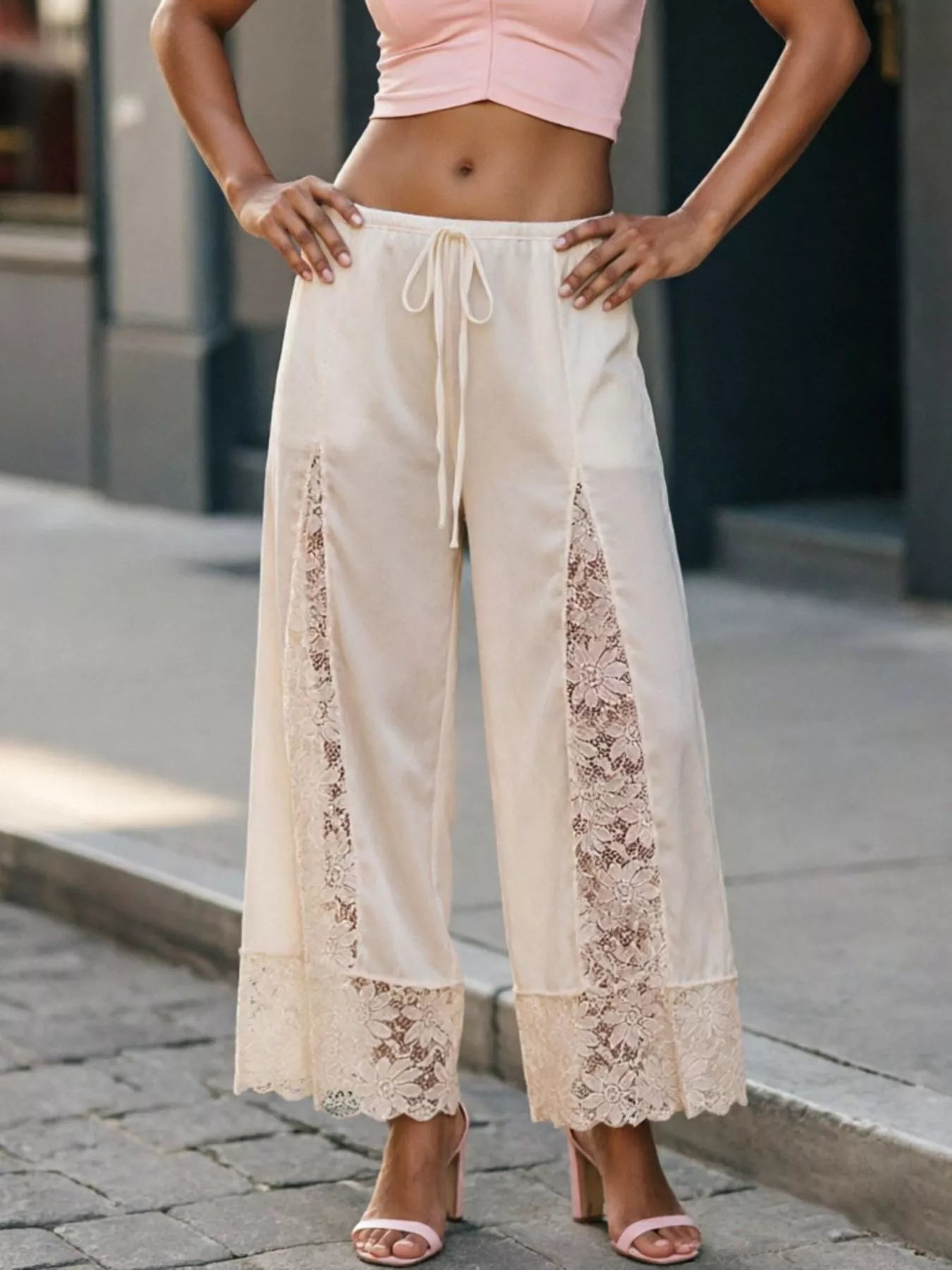 Lace-Trim Wide-Leg Cropped Pants