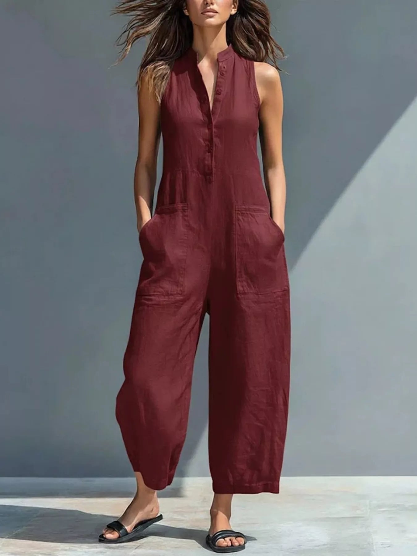 Button Front Sleeveless Jumpsuit
