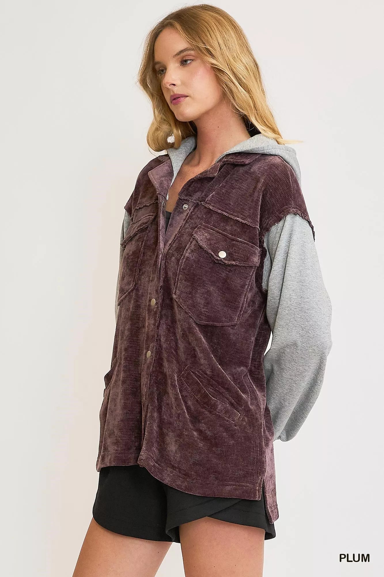 Umgee Hooded Chenille Jacket in Plum