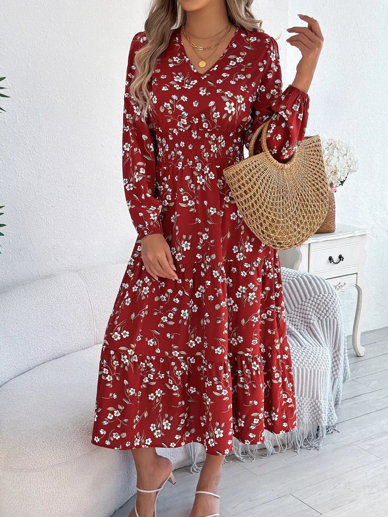 Floral Print Tiered Midi Dress