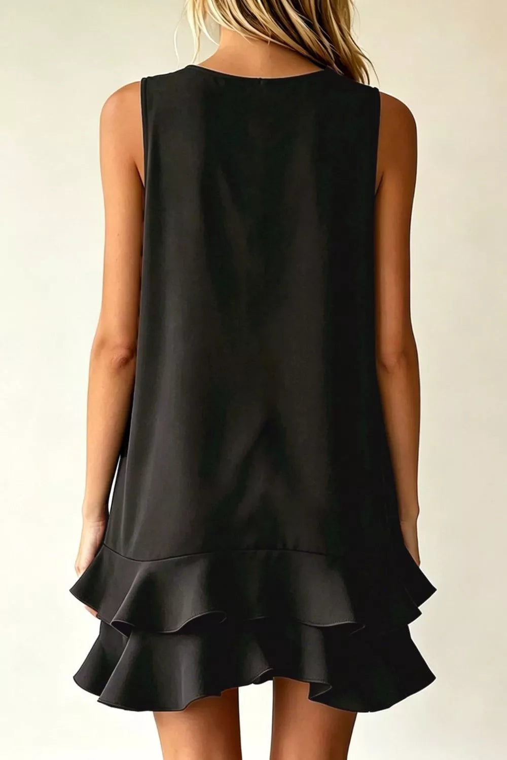 Sleeveless V-Neck Ruffle Hem Mini Dress in Beige