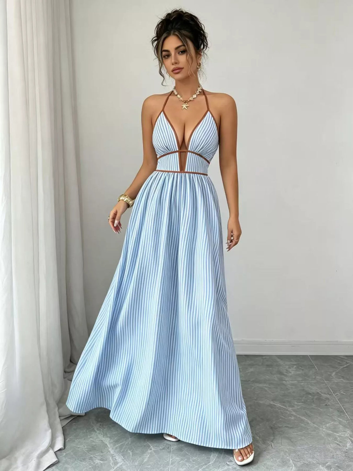 Striped Smocked Halter Neck Maxi Dress
