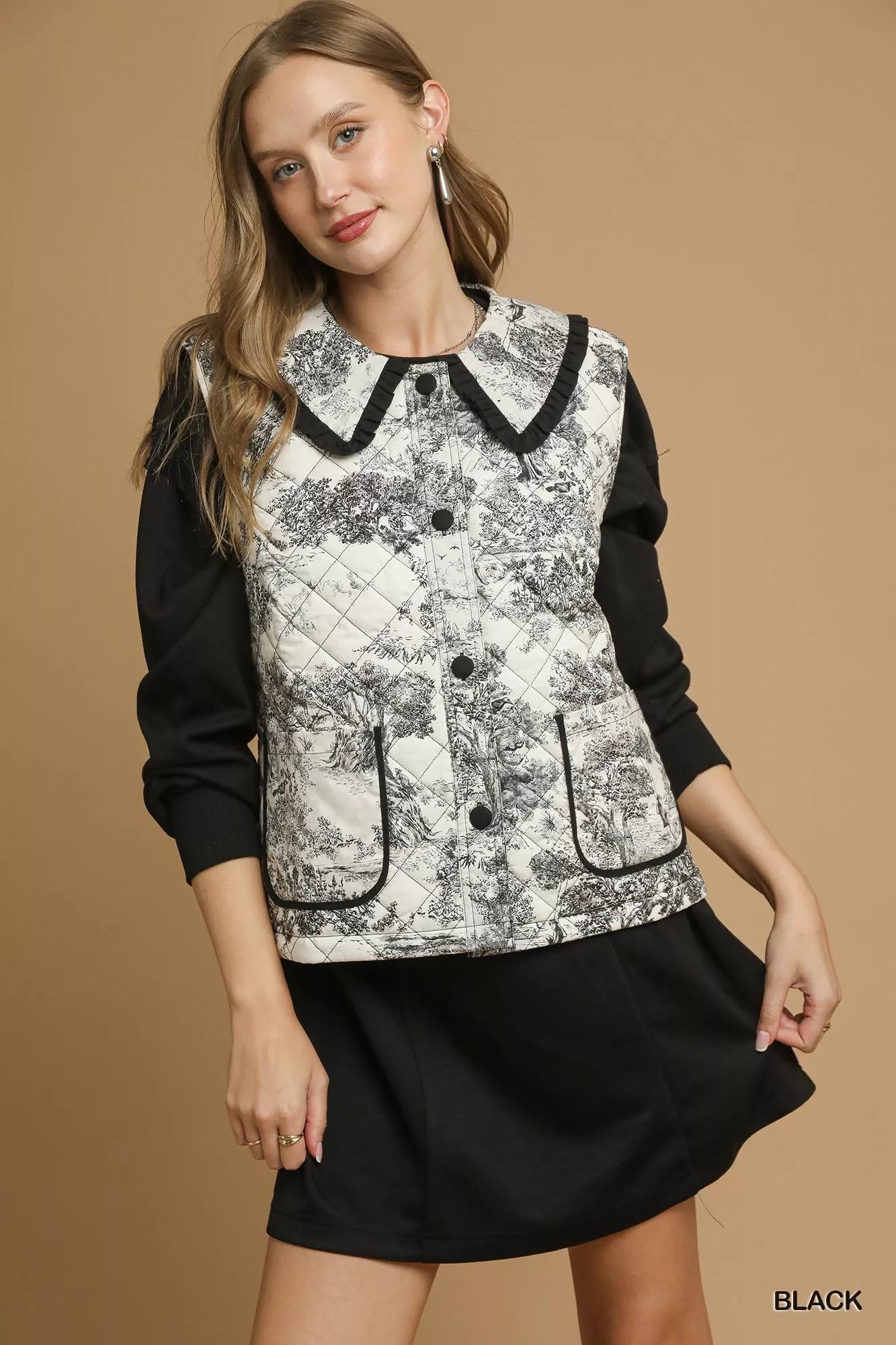 Umgee Toile Quilted Vest with Ruffle Collar in Black