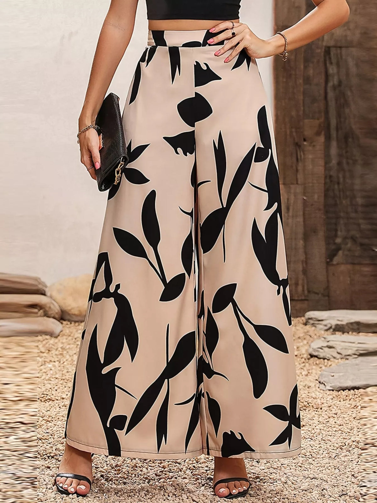 Printed Wide Leg Pants in Tan