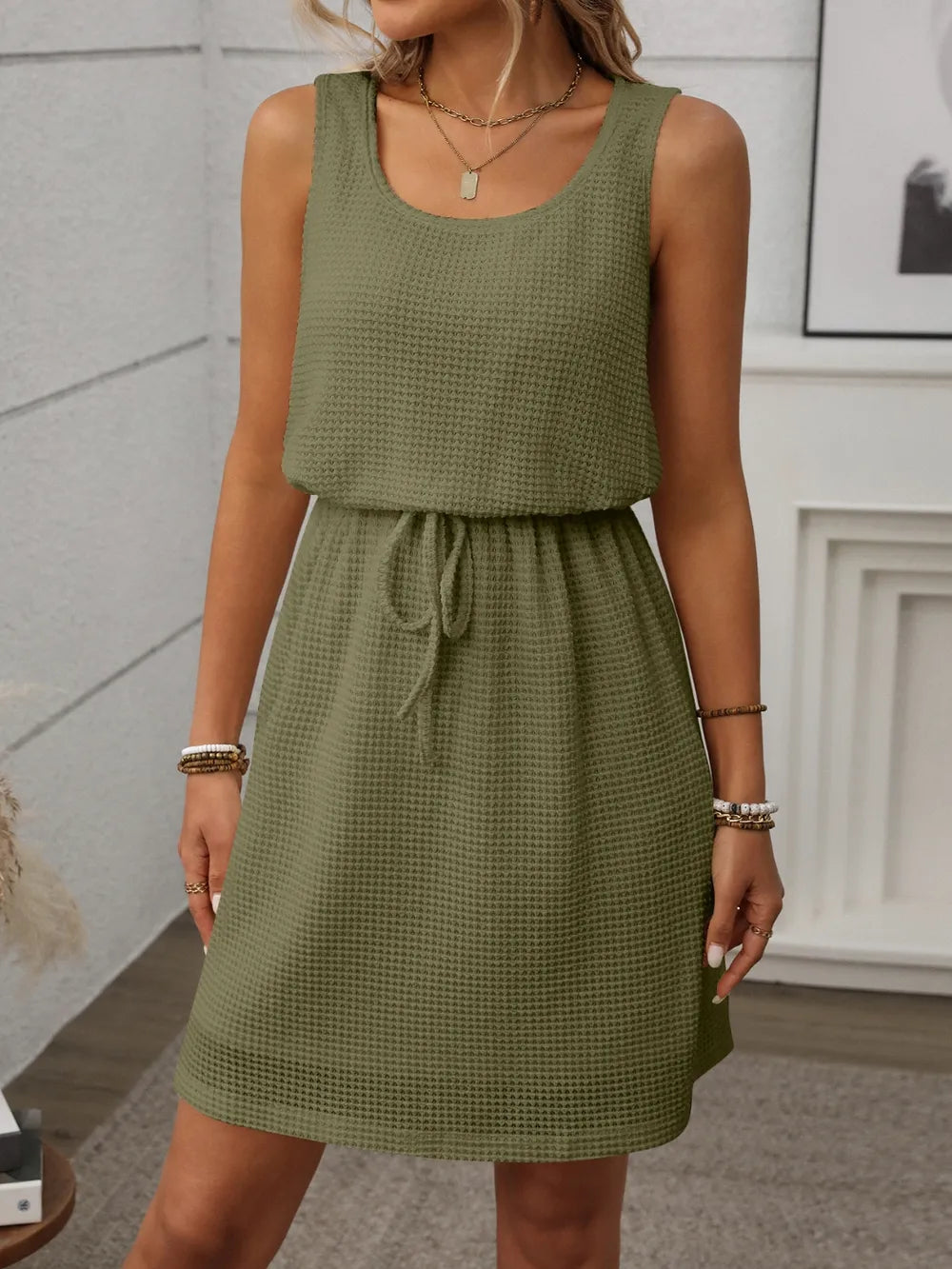 Waffle-Knit Drawstring Tank Dress